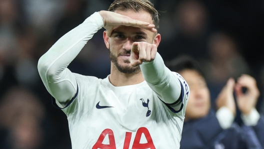 epa10935118 Tottenham's James Maddison reacts after the English Premier League soccer match between Tottenham Hotspur and Fulham FC in London, Britain, 23 October 2023.  EPA/ISABEL INFANTES No use with unauthorized audio, video, data, fixture lists, club/league logos, 'live' services' or as NFTs. Online in-match use limited to 120 images, no video emulation. No use in betting, games or single club/league/player publications.