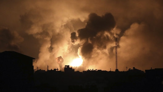 Explosions caused by Israeli airstrikes in the northern Gaza Strip, Friday, Oct. 27, 2023. (AP Photo/Abed Khaled)