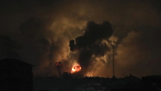 Explosions caused by Israeli airstrikes in the northern Gaza Strip, Friday, Oct. 27, 2023. (AP Photo/Abed Khaled)