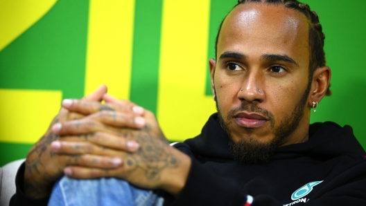 SAO PAULO, BRAZIL - NOVEMBER 02: Lewis Hamilton of Great Britain and Mercedes looks on in the Drivers Press Conference during previews ahead of the F1 Grand Prix of Brazil at Autodromo Jose Carlos Pace on November 02, 2023 in Sao Paulo, Brazil. (Photo by Clive Mason/Getty Images)