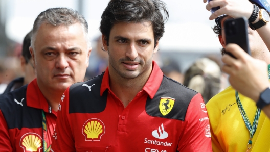 Ferrari driver Carlos Sainz, of Spain, arrives for a practice session for the Brazilian Formula One Grand Prix at the Interlagos race track in Sao Paulo, Brazil, Friday, Nov. 3, 2023. (AP Photo/Marcelo Chello)