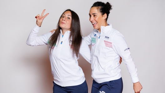 SEVILLE, SPAIN - NOVEMBER 05: Elisabetta Cocciaretto and Martina Trevisan of Team Italy poses for a portrait prior to the Billie Jean King Cup Finals at Estadio de La Cartuja on November 05, 2023 in Seville, Spain. (Photo by Matt McNulty/Getty Images for ITF)