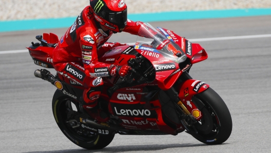 epa10967971 Italian MotoGP rider Francesco Bagnaia of Ducati Lenovo Team in action during the first practice session of the Malaysia Motorcycling Grand Prix 2023 at the Petronas Sepang International Circuit, in Sepang, Malaysia, 10 November 2023.  EPA/FAZRY ISMAIL