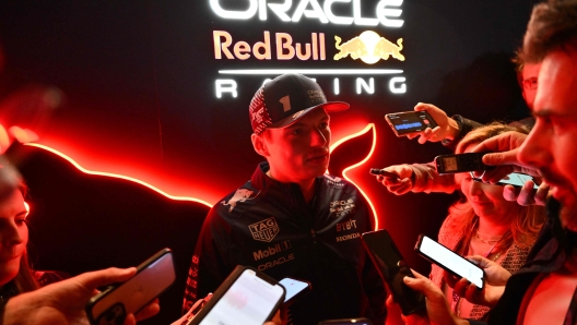 Red Bull Racing's Dutch driver Max Verstappen speaks to the press after the opening ceremony for the Las Vegas Grand Prix on November 15, 2023, in Las Vegas, Nevada. (Photo by ANGELA WEISS / AFP)