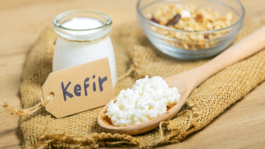 Kefir grains in wooden spoon in front of cups of Kefir Yogurt Parfaits. Kefir is one of the best health foods available providing powerful probiotics.