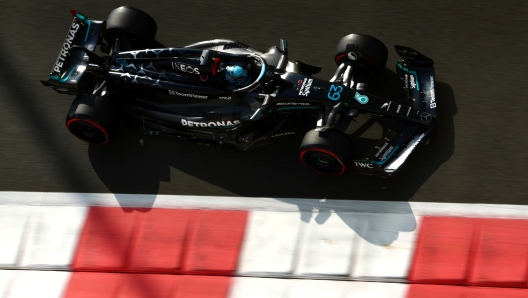 ABU DHABI, UNITED ARAB EMIRATES - NOVEMBER 25: George Russell of Great Britain driving the (63) Mercedes AMG Petronas F1 Team W14 on track during final practice ahead of the F1 Grand Prix of Abu Dhabi at Yas Marina Circuit on November 25, 2023 in Abu Dhabi, United Arab Emirates. (Photo by Clive Rose/Getty Images)