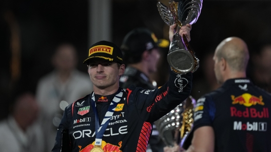 Red Bull driver Max Verstappen of the Netherlands celebrates after winning the Abu Dhabi Formula One Grand Prix race at the Yas Marina Circuit, Abu Dhabi, UAE, Sunday, Nov. 26, 2023. (AP Photo/Kamran Jebreili)