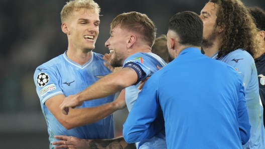 Lazio's Ciro Immobile celebrates after scoring his side's second goal during the Champions League, group E, soccer match between Lazio and Celtic at Rome's Olympic stadium, Tuesday, Nov. 28, 2023. (AP Photo/Alessandra Tarantino)