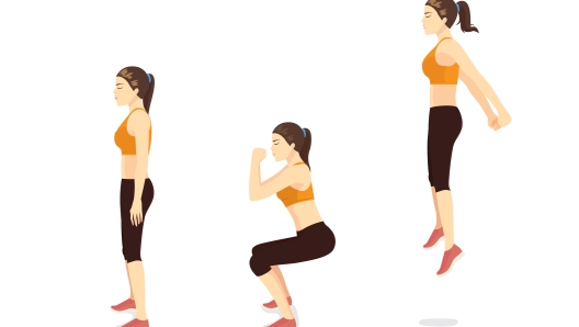 Exercise guide by Woman doing squat jump in 3 steps in side view for strengthens entire lower body. Illustration about workout.