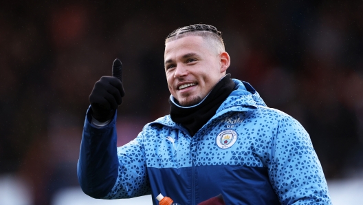 LUTON, ENGLAND - DECEMBER 10: Kalvin Phillips of Manchester City looks on prior to the Premier League match between Luton Town and Manchester City at Kenilworth Road on December 10, 2023 in Luton, England. (Photo by Richard Heathcote/Getty Images)