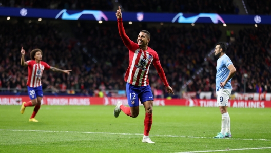 MADRID, SPAIN - DECEMBER 13: Samuel Lino of Atletico Madrid celebrates after scoring their team's second goal during the UEFA Champions League match between Atletico Madrid and SS Lazio at Civitas Metropolitano Stadium on December 13, 2023 in Madrid, Spain. (Photo by Florencia Tan Jun/Getty Images)