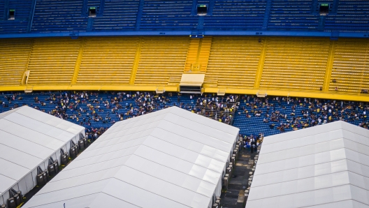 BUENOS AIRES, ARGENTINA - DECEMBER 17:  Aerial view of Estadio Alberto J. Armando during the presidential elections in Boca Juniors, after a court suspension due to suspicions of irregularities in the membership roster on December 17, 2023 in Buenos Aires, Argentina. The election pits Legendary playmaker Juan Roman Riquelme and the former president of the club and Argentina Mauricio Macri, who runs as vice president of Andres Ibarra. (Photo by Marcelo Endelli/Getty Images)