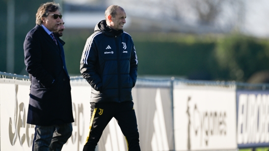 TURIN, ITALY - DECEMBER 18: Cristiano Giuntoli, Massimiliano Allegri of Juventus during a training session at JTC on December 18, 2023 in Turin, Italy. (Photo by Daniele Badolato - Juventus FC/Juventus FC via Getty Images)