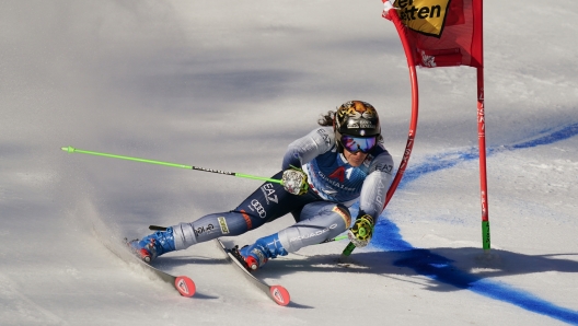 Italy's Federica Brignone speeds down the course during an alpine ski, women's World Cup giant slalom race, in Lienz, Austria, Thursday, Dec. 28, 2023. (AP Photo/Pier Marco Tacca)