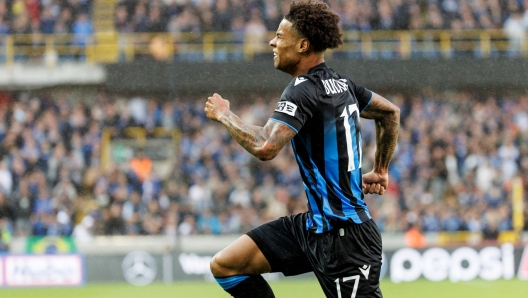 Club's Canadian midfielder Tajon Buchanan celebrates scoring his team's first goal during the UEFA Europa Conference League, second qualifying round first leg, between Club Brugge and AGF Aarhus at The Jan Breydel Stadium in Bruges on July 27, 2023. (Photo by KURT DESPLENTER / Belga / AFP) / Belgium OUT