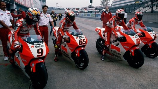 Abe, Capirossi, Kenny Roberts Jr. e Jean-Michel Bayle nel 1996