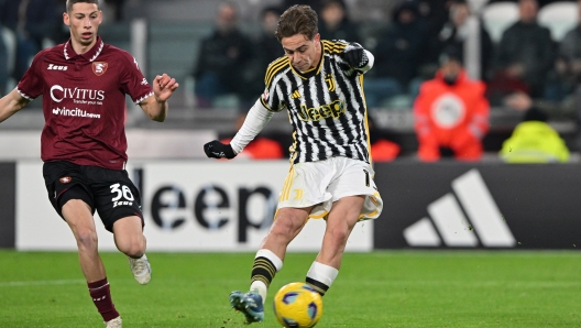 TURIN, ITALY - JANUARY 04: Kenan Yildiz of Juventus scores his team's fifth goal during the Coppa Italia Round of 16 match between Juventus FC v US Salernitana at Allianz Stadium on January 04, 2024 in Turin, Italy. (Photo by Chris Ricco - Juventus FC/Juventus FC via Getty Images)