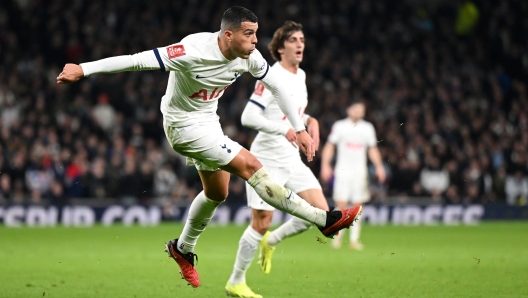 LONDON, ENGLAND - JANUARY 05: Pedro Porro of Tottenham Hotspur looks on after scoring their team's first goal during the Emirates FA Cup Third Round match between Tottenham Hotspur and Burnley at Tottenham Hotspur Stadium on January 05, 2024 in London, England. (Photo by Shaun Botterill/Getty Images)