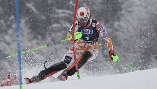 Slovakia's Petra Vlhova speeds down the course during the first run of an alpine ski, women's World Cup slalom race, in Kranjska Gora, Slovenia, Sunday, Jan. 7, 2024. (AP Photo/Marco Trovati)