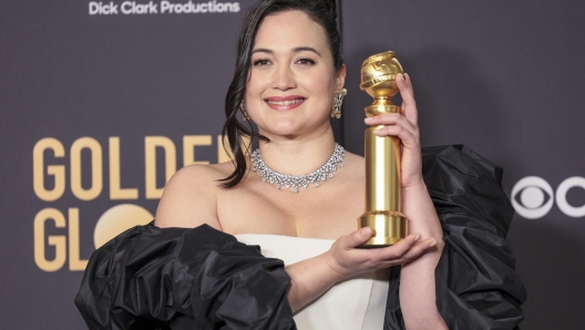 epa11063628 US actor Lily Gladstone poses with the Golden Globe for Best Performance by a Female Actor in a Motion Picture - Drama for 'Killers of the Flower Moon' in the press room during the 81st annual Golden Globe Awards ceremony at the Beverly Hilton Hotel in Beverly Hills, California, USA, 07 January 2024. Artists in various film and television categories are awarded Golden Globes by the Hollywood Foreign Press Association.  EPA/ALLISON DINNER