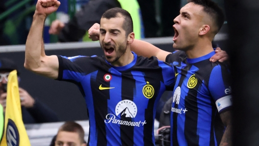 Inter Milans Lautaro Martinez (R) jubilates with his teammate Henrih Mkhitaryan after scoring goal of 1 to 0 during the Italian serie A soccer match between Fc Inter  and Verona at  Giuseppe Meazza stadium in Milan, 6 January 2024. ANSA / MATTEO BAZZI