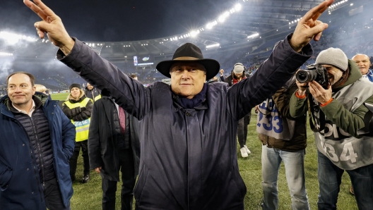 Lazios president Claudio Lotito celebrates after winning the Italian Cup quarter final soccer match between SS Lazio and AS Roma at the Olimpico stadium in Rome, Italy, 10 January 2024. ANSA/FABIO FRUSTACI