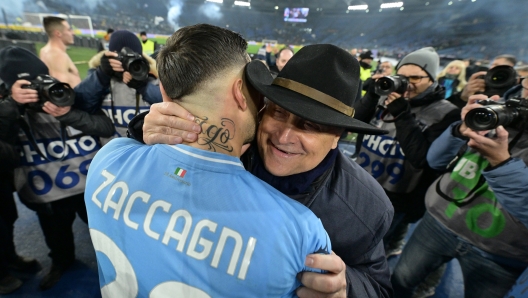 Foto Alfredo Falcone/LaPresse  10 Gennaio 2024 - Roma, Italia - sport, calcio - Lazio vs Roma - Coppa Italia Frecciarossa 2023/2024 - Stadio Olimpico di Roma. Nella foto: esultanza Lazio a fine match, Il Presidente Claudio Lotito e Mattia Zaccagni (SS Lazio)  Foto Alfredo Falcone/LaPresse  January 10, 2024 Rome, Italy - sport, soccer - Lazio vs Roma - Italy Cup Frecciarossa 2023/2024 - Olimpic Stadium in Rome. In the pic: Lazio celebration after victory, Claudio Lotito President Lazio with Mattia Zaccagni (SS Lazio)