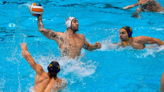 Edoardo Di Somma of Italy strikes at goal during the Quarter final match between team Italy (white cap) vs. team Montenegro (blue cap) European Men  Water Polo Championship 2024 at SP Mladost Pool in Zagreb (Croatia), January 12th, 2024.