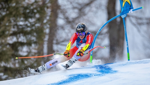 Lara Gut-Behrami of Switzerland competes in the women's Super G event of the FIS Alpine Skiing World Cup in Altenmarkt-Zauchensee, Austria on January 14, 2024. (Photo by Johann GRODER / various sources / AFP) / Austria OUT