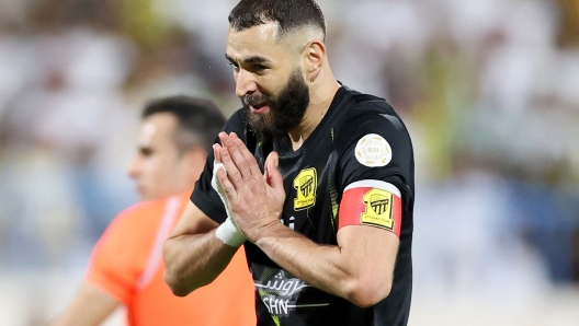 Ittihad's French forward #09 Karim Benzema gestures during the Saudi Pro League football match between Al-Ittihad and Al-Akhdoud at Prince Hathloul bin Abdulaziz Stadium in Najran on September 14, 2023. (Photo by AFP)