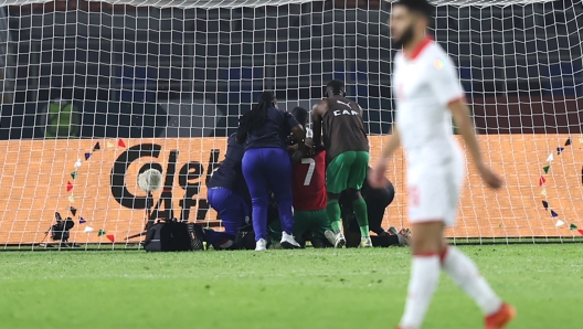 Namibia's midfielder #7 Deon Hotto (C) celebrates scoring his team's first goal during the Africa Cup of Nations (CAN) 2024 group E football match between Tunisia and Namibia at Amadou Gon Coulibaly Stadium in Korhogo on January 16, 2024. (Photo by Fadel SENNA / AFP)