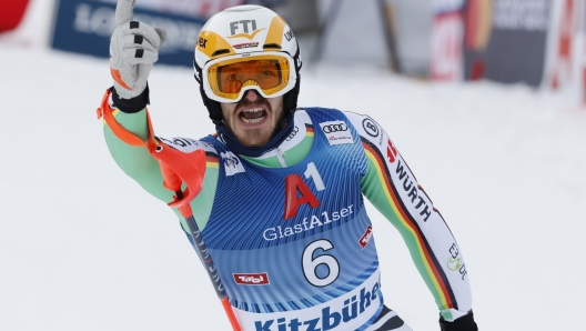 KITZBUEHEL, AUSTRIA - JANUARY 21: Linus Strasser of Team Germany takes 1st place during the Audi FIS Alpine Ski World Cup Men's Slalom on January 21, 2024 in Kitzbuehel, Austria. (Photo by Christophe Pallot/Agence Zoom/Getty Images)