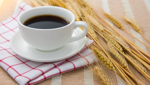 White ceramic cup of black coffee with dried barleys on the table.