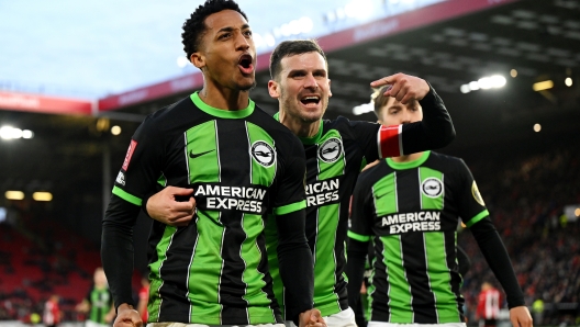 SHEFFIELD, ENGLAND - JANUARY 27: Joao Pedro of Brighton & Hove Albion celebrates after scoring the team's third goal from the penalty spot during the Emirates FA Cup Fourth Round match between Sheffield United and Brighton & Hove Albion at Bramall Lane on January 27, 2024 in Sheffield, England. (Photo by Shaun Botterill/Getty Images)