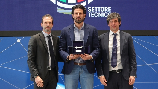 FLORENCE, ITALY - JANUARY 29: Umberto Calcagno, Fabio Grosso and Demetrio Albertini of FIGC during the "Panchina D'Oro" award season 2022/2023 at Centro Tecnico Federale di Coverciano on January 29, 2024 in Florence, Italy.  (Photo by Gabriele Maltinti/Getty Images)