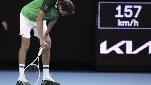 Daniil Medvedev of Russia reacts during his match against Jannik Sinner of Italy in the men's singles final at the Australian Open tennis championships at Melbourne Park, in Melbourne, Australia, Sunday, Jan. 28, 2024. (AP Photo/Asanka Brendon Ratnayake)