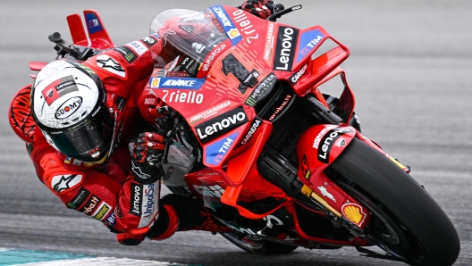 Ducati Italian rider Francesco Bagnaia takes a corner during the third day of the pre-season MotoGP test at the Sepang International Circuit in Sepang on February 8, 2024. (Photo by Mohd RASFAN / AFP)