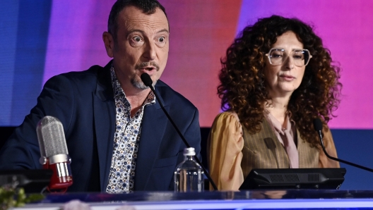 Sanremo Festival host and artistic director Amadeus (L) and Sanremo Festival co-host and Italian actress Teresa Mannino (R) during a press conference at the 74th Sanremo Italian Song Festival, Sanremo, Italy, 08 February 2024. The festival runs from 06 to 10 February 2024. ANSA/RICCARDO ANTIMIANI