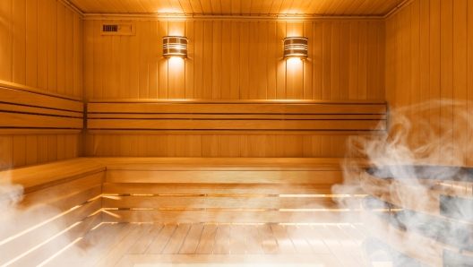 Interior of Finnish sauna, classic wooden sauna, Finnish bathroom