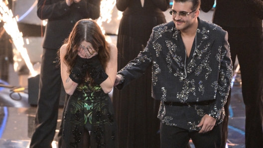 Italian singer Angelina Mango (L) celebrates with Italian singer Geolier (R) after winning the Sanremo Italian Song Festival at the Ariston theatre during the 74th Sanremo Italian Song Festival, Sanremo, Italy, 10 February 2024. The music festival will run from 06 to 10 February 2024. ANSA/ETTORE FERRARI