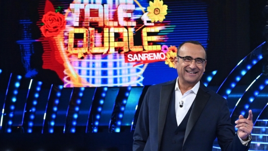 Carlo Conti nel lancio del programma Tale e Quale Sanremo 2024 che andrà in onda sabato 17 alla 21.30 su Rai 1, Roma 13 febbraio 2024. ANSA/MAURIZIO BRAMBATTI