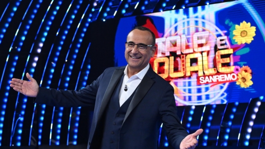 Carlo Conti nel lancio del programma Tale e Quale Sanremo 2024 che andr in onda sabato 17 alla 21.30 su Rai 1, Roma 13 febbraio 2024. ANSA/MAURIZIO BRAMBATTI