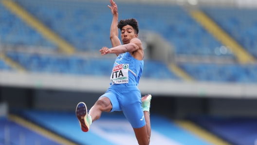 VARIOUS CITIES, POLAND - JUNE 24: Mattia Furlani of Italy competes in the Men's Long Jump - Div 1 during day five of the European Team Championships 2023 at Silesian Stadium on June 24, 2023 in Silesia, Poland. (Photo by Dean Mouhtaropoulos/Getty Images for European Athletics)