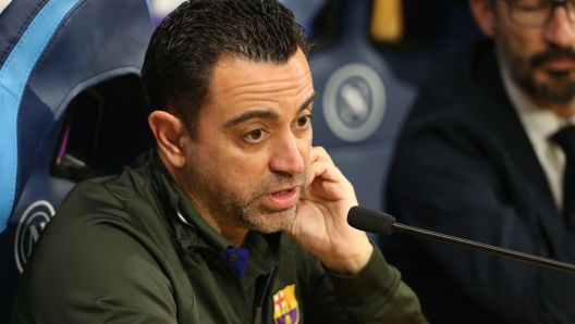 Barcelona's Spanish coach Xavi attends a press conference on the eve of the UEFA Champions League last 16 first leg football match between Napoli and Barcelona at the Diego Armando Maradona stadium on February 20, 2024. (Photo by Carlo Hermann / AFP)