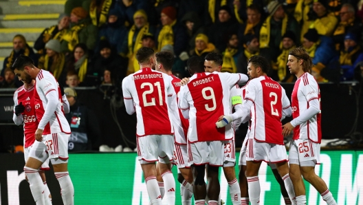 epa11172959 Ajax players celebrate the opening goal during the UEFA Europa Conference League knock-out round play-offs, 2nd leg match between Bodo/Glimt and Ajax at the Aspmyra stadium in Bodo, Norway, 22 February 2024.  EPA/Mats Torbergsen  NORWAY OUT