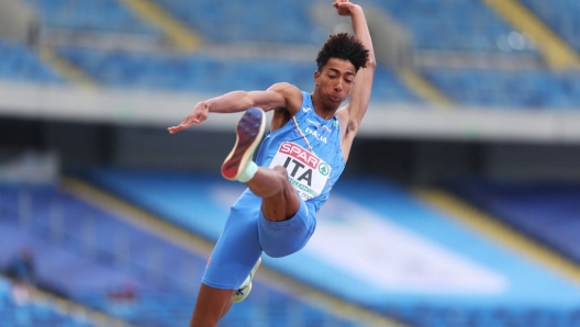 VARIOUS CITIES, POLAND - JUNE 24: Mattia Furlani of Italy competes in the Men's Long Jump - Div 1 during day five of the European Team Championships 2023 at Silesian Stadium on June 24, 2023 in Silesia, Poland. (Photo by Dean Mouhtaropoulos/Getty Images for European Athletics)