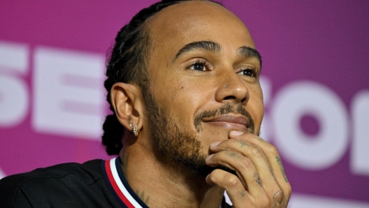 Mercedes' British driver Lewis Hamilton speaks at a press conference during the third day of the Formula One pre-season testing at the Bahrain International Circuit in Sakhir on February 23, 2024. (Photo by Andrej ISAKOVIC / AFP)