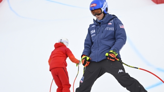 CORTINA D'AMPEZZO, ITALY - JANUARY 25: Mikaela Shiffrin of Team United States during the inspection during the Audi FIS Alpine Ski World Cup Women's Downhill training on January 25, 2024 in Cortina d'Ampezzo, Italy. (Photo by Alain Grosclaude/Agence Zoom/Getty Images)