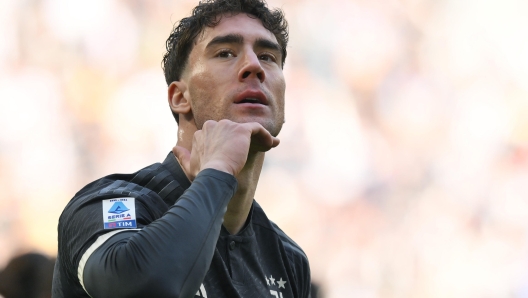 Juventus' Dusan Vlahovic jubilates after scoring the gol (1-0) during the italian Serie A soccer match Juventus FC vs Frosinone Calcio at the Allianz Stadium in Turin, Italy, 25 february 2024 ANSA/ALESSANDRO DI MARCO