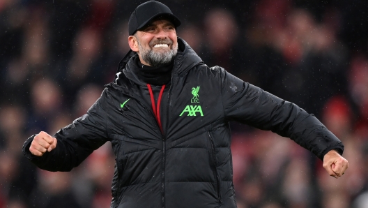 LIVERPOOL, ENGLAND - FEBRUARY 28: Jurgen Klopp, Manager of Liverpool, celebrates victory in the Emirates FA Cup Fifth Round match between Liverpool and Southampton at Anfield on February 28, 2024 in Liverpool, England. (Photo by Justin Setterfield/Getty Images)